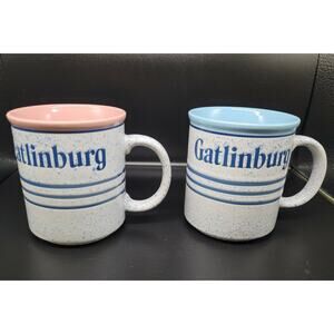 Set 2 Vintage Gatlinburg TN Rustic Pottery Mug Cups Mr Mrs Pink Blue Pottery